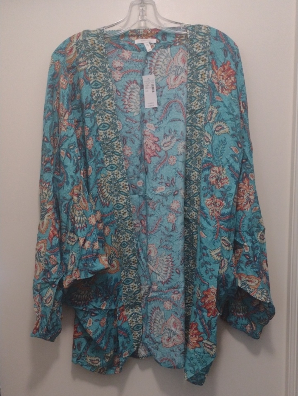Maurices Turquoise Floral Open Kimono Cardigan (J1127)